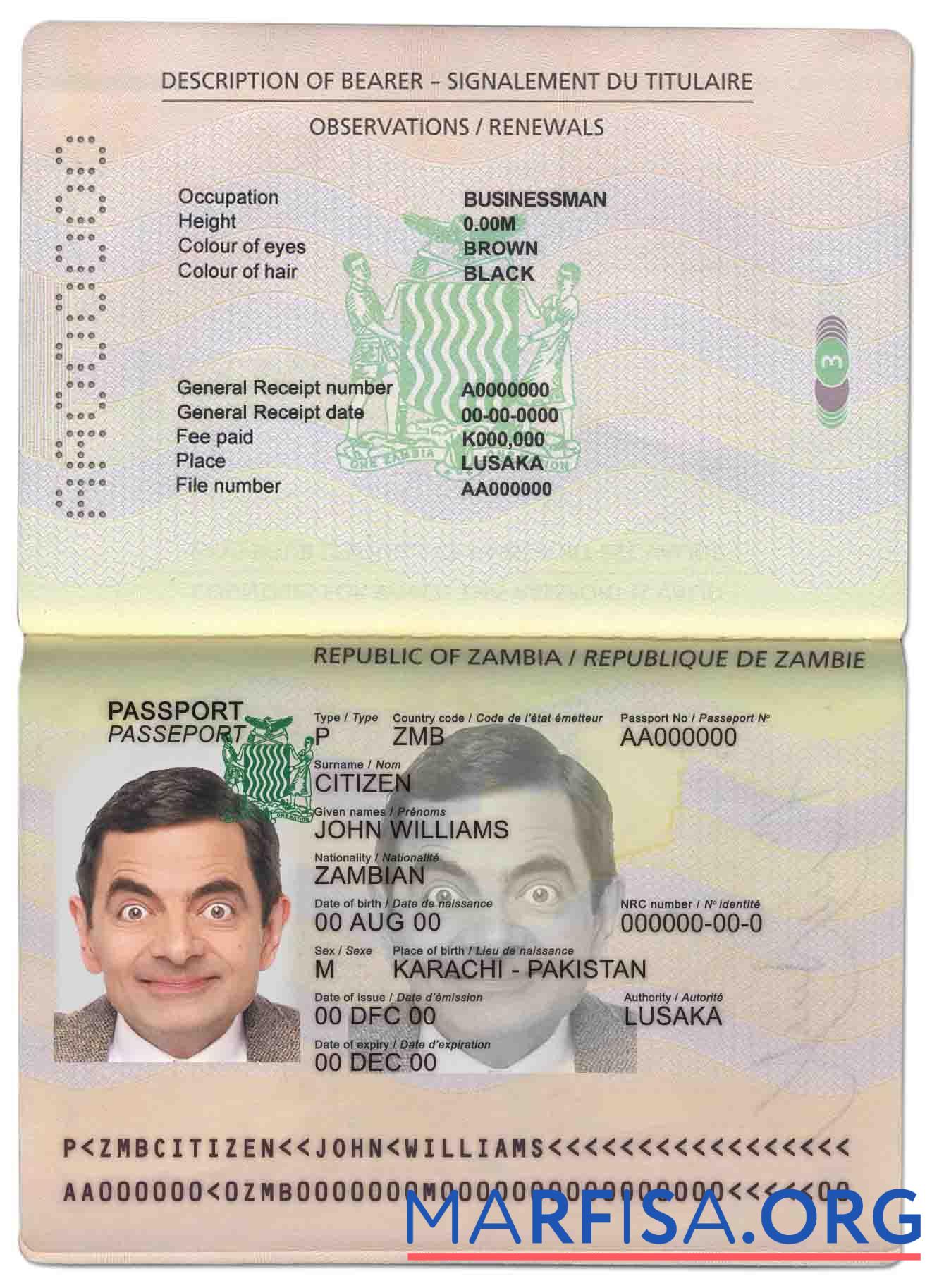 Downloadable Zambia Passport real example